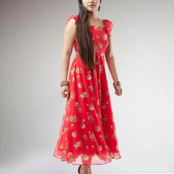Red Printed Chiffon Ankle-Length Dress | Muvvas Boutique - Picture 4 of 5